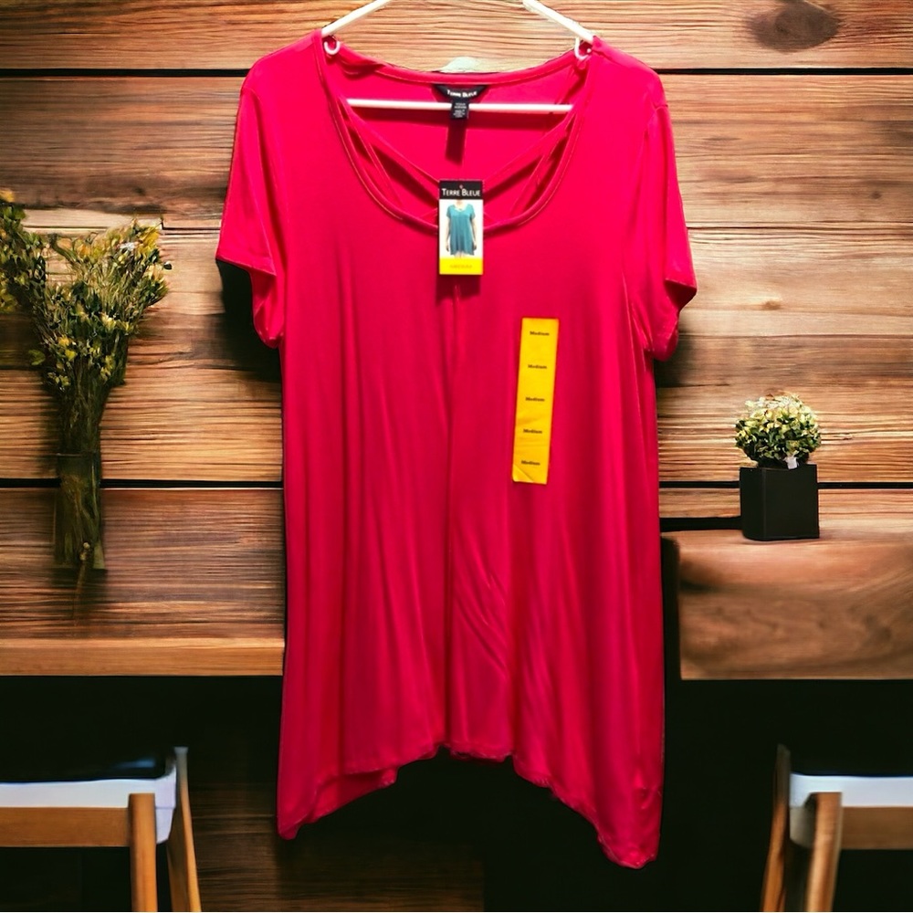 Terre Bleue Short Sleeve Tunic- Criss-cross design at the neck & drip sides